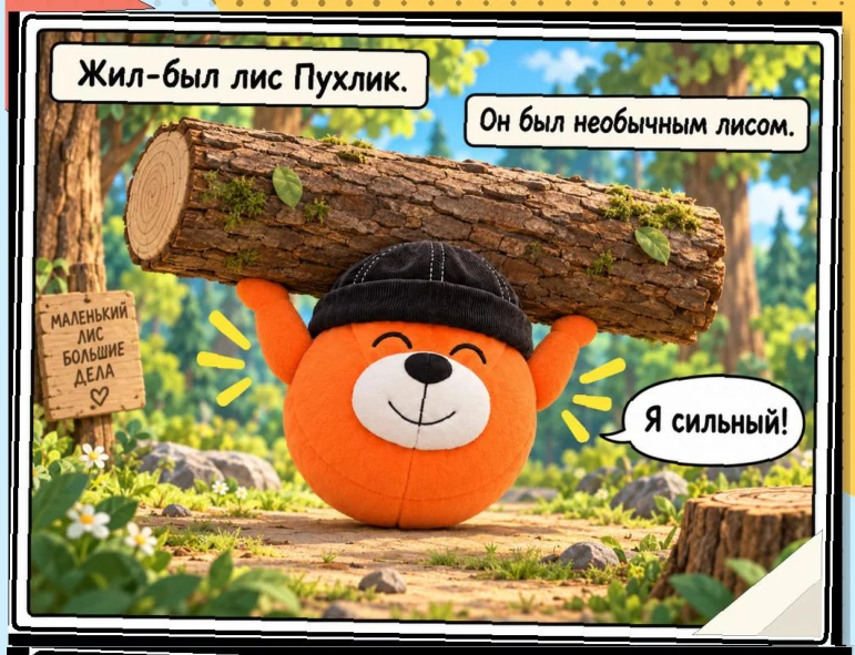 Пухлик — оранжевый лис в чёрной шапке с бревном