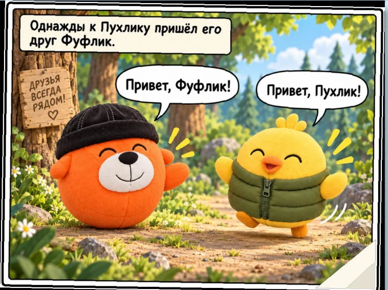 Пухлик и его друг Фуфлик, жёлтый персонаж в зелёной куртке