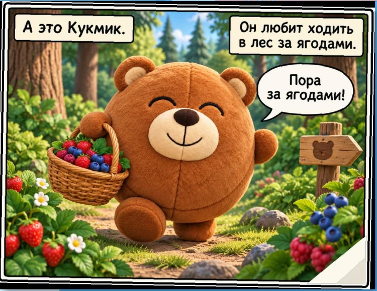 Кукмик — коричневый плюшевый медвежонок с корзиной ягод
